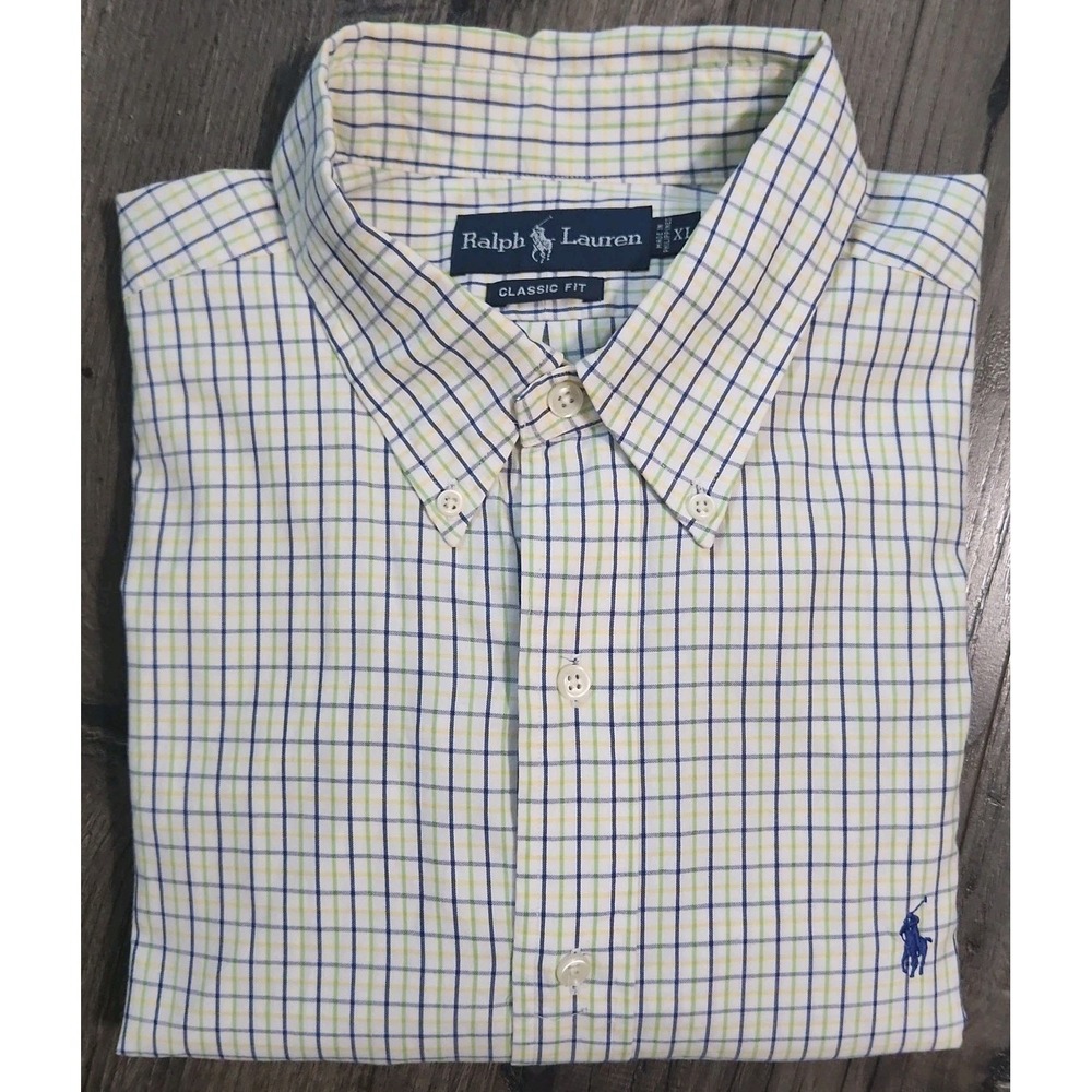 Ralph Lauren Button Down Shirt Mens XL Blue Yellow Short Sleeve Classic Fit